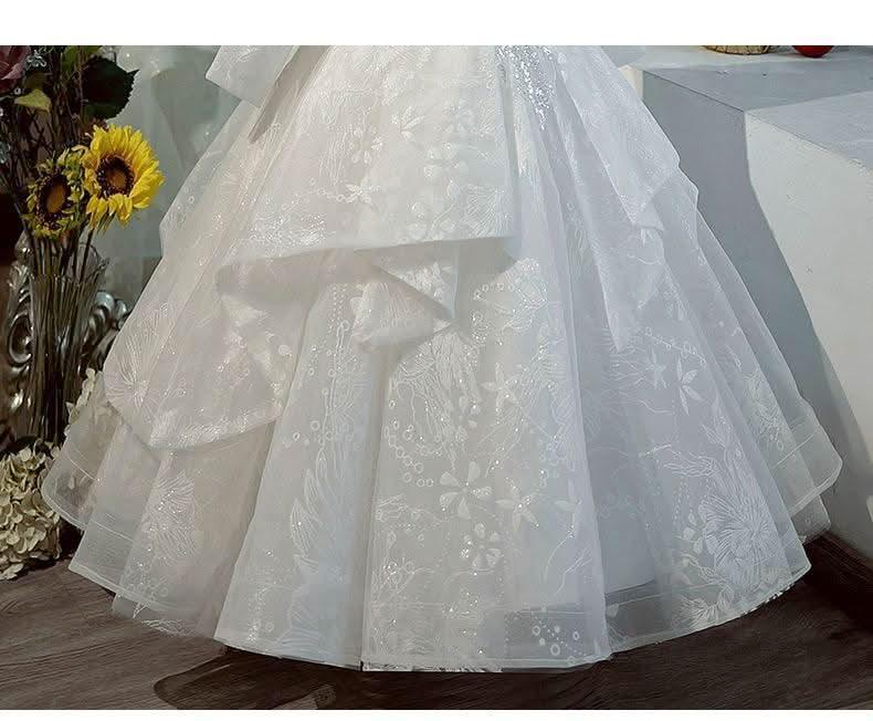 Stylish Wedding Flower Girl Elegant White Puffy Long Sleeve Girl Princess Dress