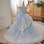 Girls Princess Dress New Puff Sleeve Sequin Embroidery Fluffy Blue Girls Evening Dress