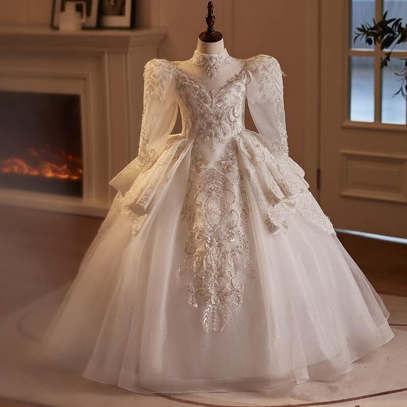 2-12 years old wedding flower girl long sleeve sequin fluffy fashionable girl evening dress