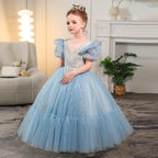 3-12 years old birthday party girls princess dress wedding puff sleeve embroidered mesh fluffy blue sequins elegant girls evening dress