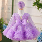2Pcs Purple Long Sleeve Sequin Girl Party Dress with Bow | KLFFIGID