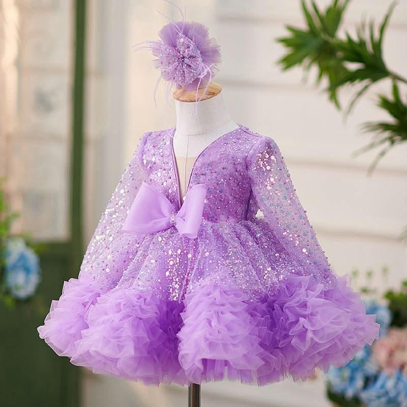 2Pcs Purple Long Sleeve Sequin Girl Party Dress with Bow | KLFFIGID