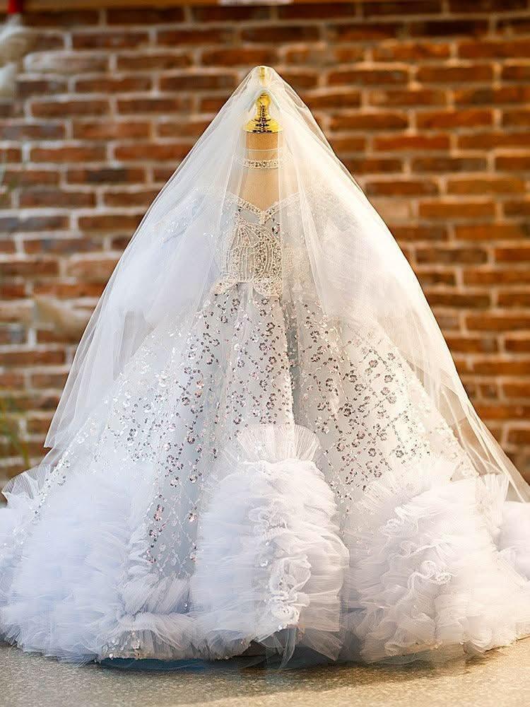 New flower girl wedding dress evening dress sequin fashion tail girl princess dress