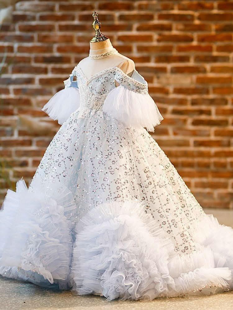 New flower girl wedding dress evening dress sequin fashion tail girl princess dress
