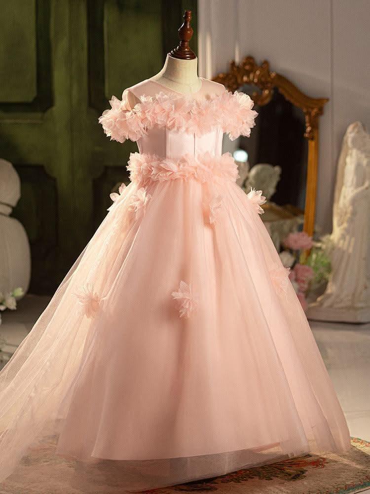 Children's Dress Wedding Pink Rose Elegant Evening Dress Birthday Party Girl Princess Dress