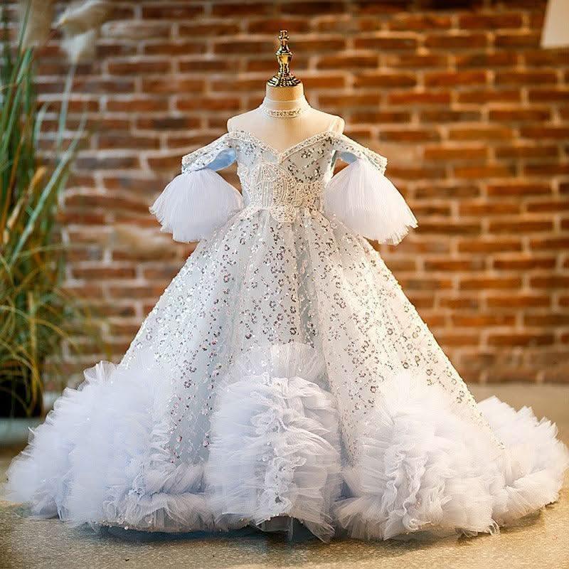 New flower girl wedding dress evening dress sequin fashion tail girl princess dress