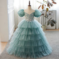 Girls Puff Sleeve Embroidered Evening Party Cake Dress | KLFFIGID