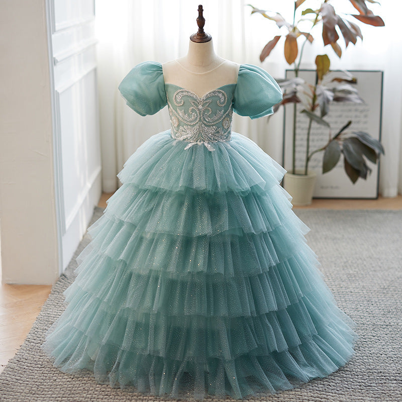 Girls Puff Sleeve Embroidered Evening Party Cake Dress | KLFFIGID