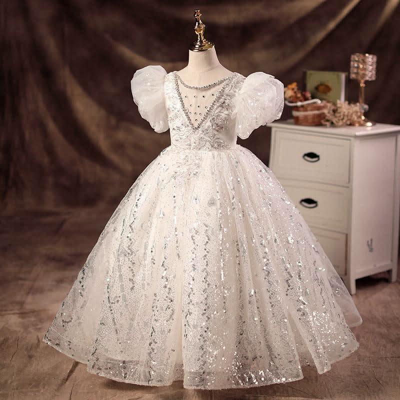 White wedding dress puff sleeve flower girl elegant fluffy girl evening dress