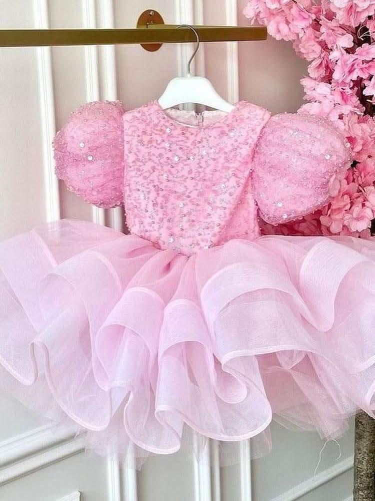 Girls Sequin Tulle Princess Dress Puff Sleeve Party Dress | KLFFIGID