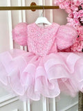 Girls Sequin Tulle Princess Dress Puff Sleeve Party Dress | KLFFIGID