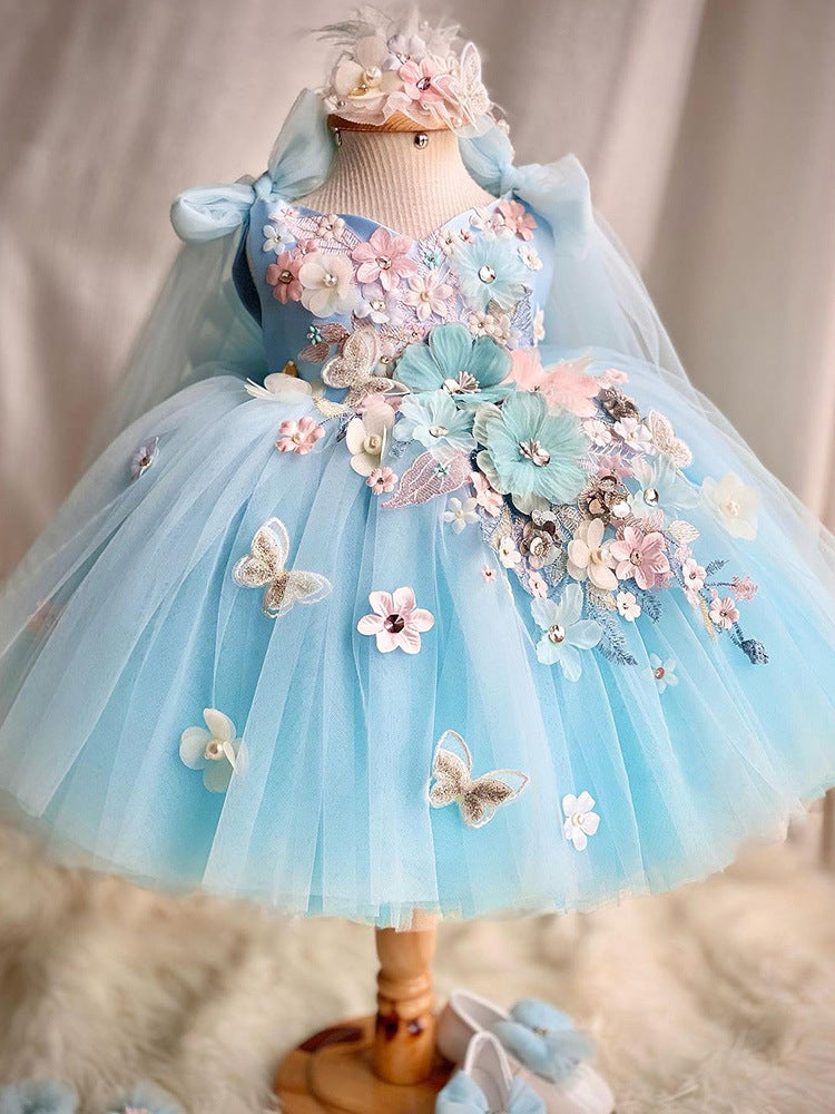 KLFFLGID Children's Dress Heavy Industry Rainbow Blue Children's Princess Dress
