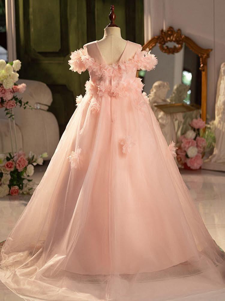 Children's Dress Wedding Pink Rose Elegant Evening Dress Birthday Party Girl Princess Dress