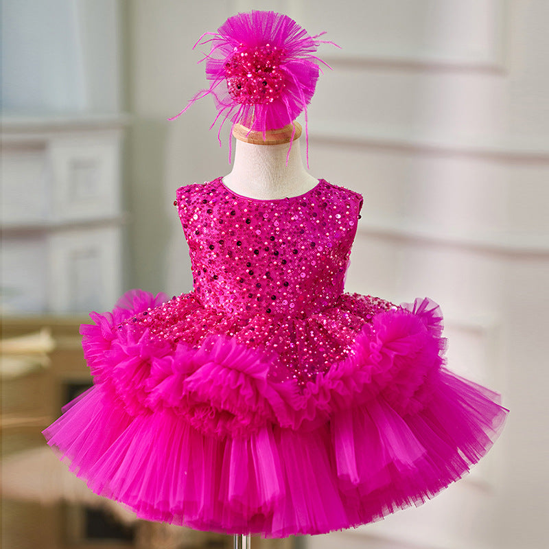 Baby Pink Sequin Feather Hem Princess Party Dress | KLFFIGID
