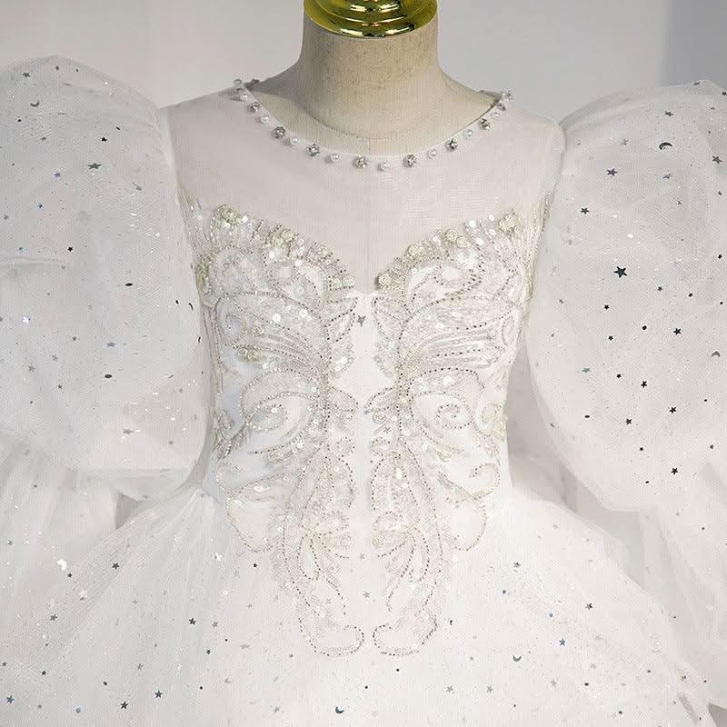 Girls Evening Dress Fashion White Puff Long Sleeve Flower Girl Wedding Dress Puffy Girl Princess Dress
