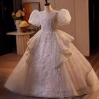 New Fashion Children's Wedding Dress Puff Sleeve Sequined Fluffy Girl Princess Dress