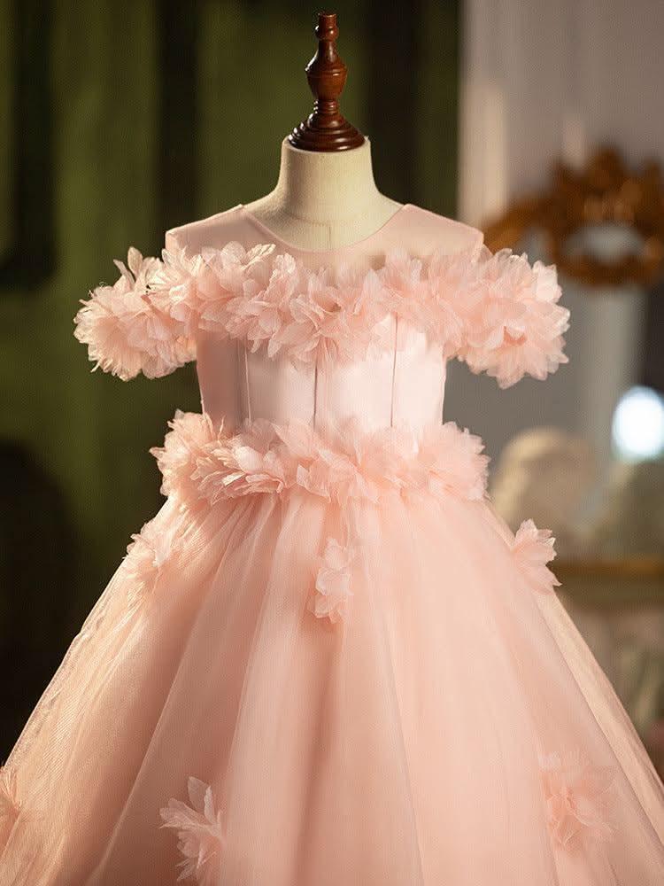 Children's Dress Wedding Pink Rose Elegant Evening Dress Birthday Party Girl Princess Dress