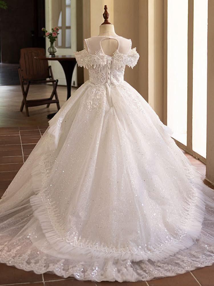 Trailing wedding dress flower girl evening dress new sequin embroidered mesh piano stage performance girl princess dress