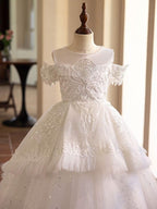 Trailing wedding dress flower girl evening dress new sequin embroidered mesh piano stage performance girl princess dress