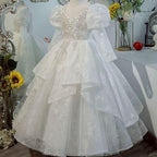 Stylish Wedding Flower Girl Elegant White Puffy Long Sleeve Girl Princess Dress