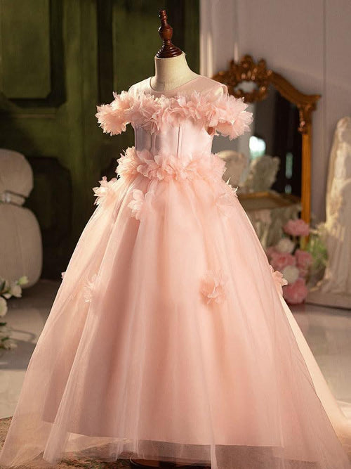 Children's Dress Wedding Pink Rose Elegant Evening Dress Birthday Party Girl Princess Dress