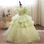 Girls Evening Dress Embroidered Sequin Birthday Mesh Party Princess Dress