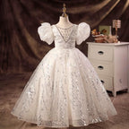White wedding dress puff sleeve flower girl elegant fluffy girl evening dress
