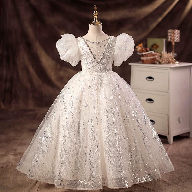 White wedding dress puff sleeve flower girl elegant fluffy girl evening dress