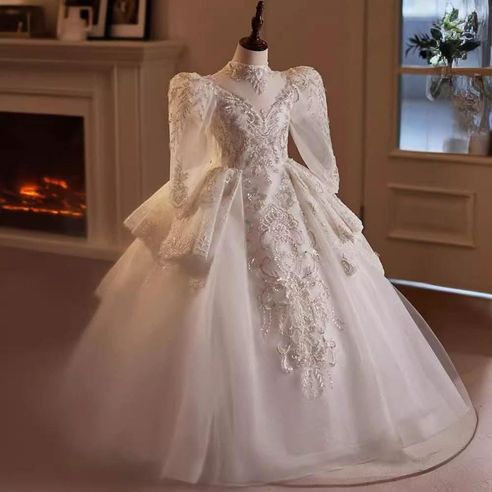 2-12 years old wedding flower girl long sleeve sequin fluffy fashionable girl evening dress