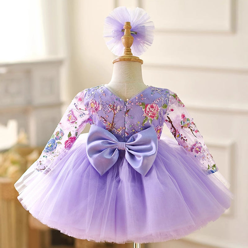 Purple Long Sleeve Embroidered Tulle Party Dress | KLFFIGID