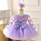 Purple Long Sleeve Embroidered Tulle Party Dress | KLFFIGID