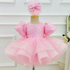 Girls Sequin Puff Sleeve Birthday Princess Dress with Headband | KLFFIGID