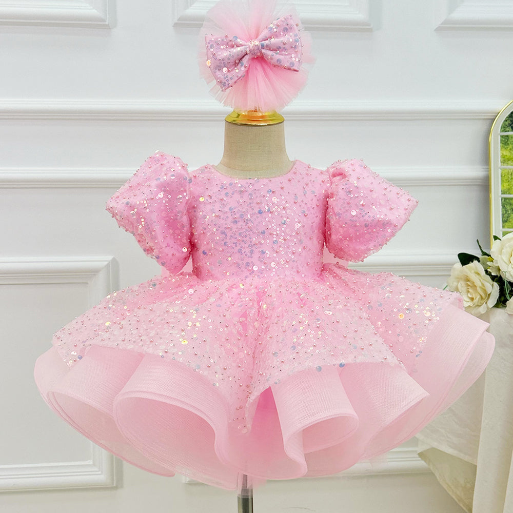 Girls Sequin Puff Sleeve Birthday Princess Dress with Headband | KLFFIGID
