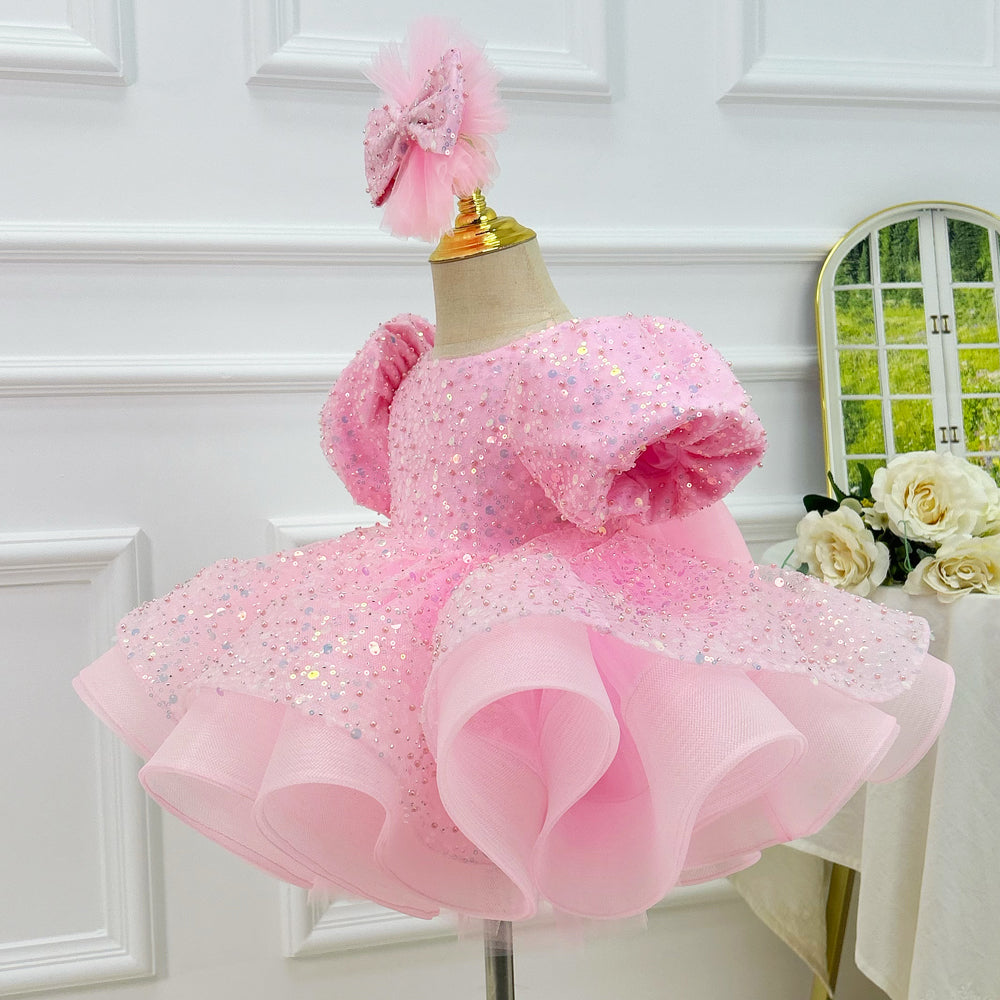 Girls Sequin Puff Sleeve Birthday Princess Dress with Headband | KLFFIGID
