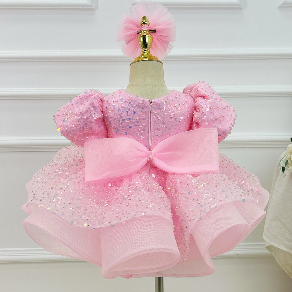 Girls Sequin Puff Sleeve Birthday Princess Dress with Headband | KLFFIGID