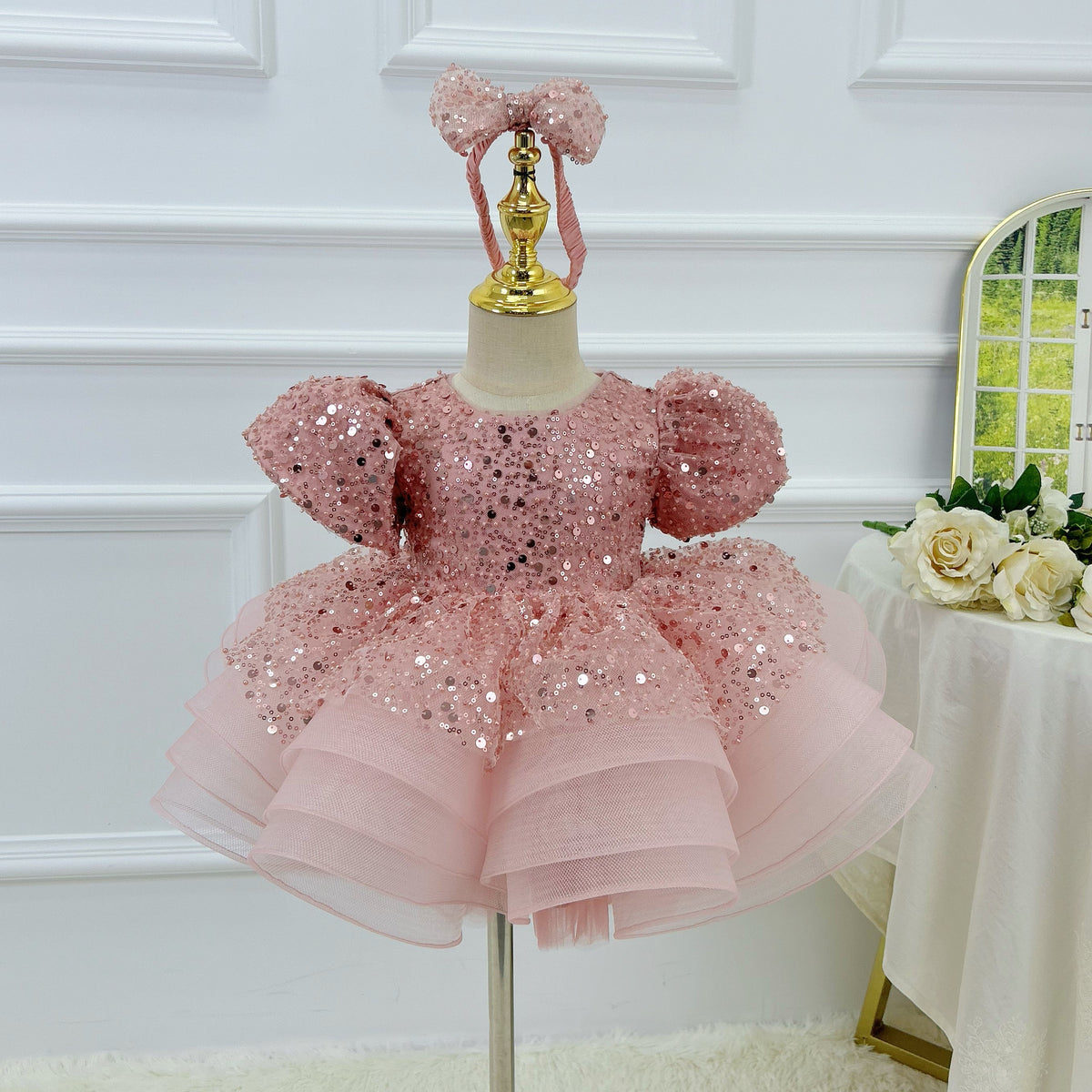 Baby Girls Luxury Champagne Gold Sequin Hi-Low Princess Dress Wedding Flower Dress | KLFFLGID
