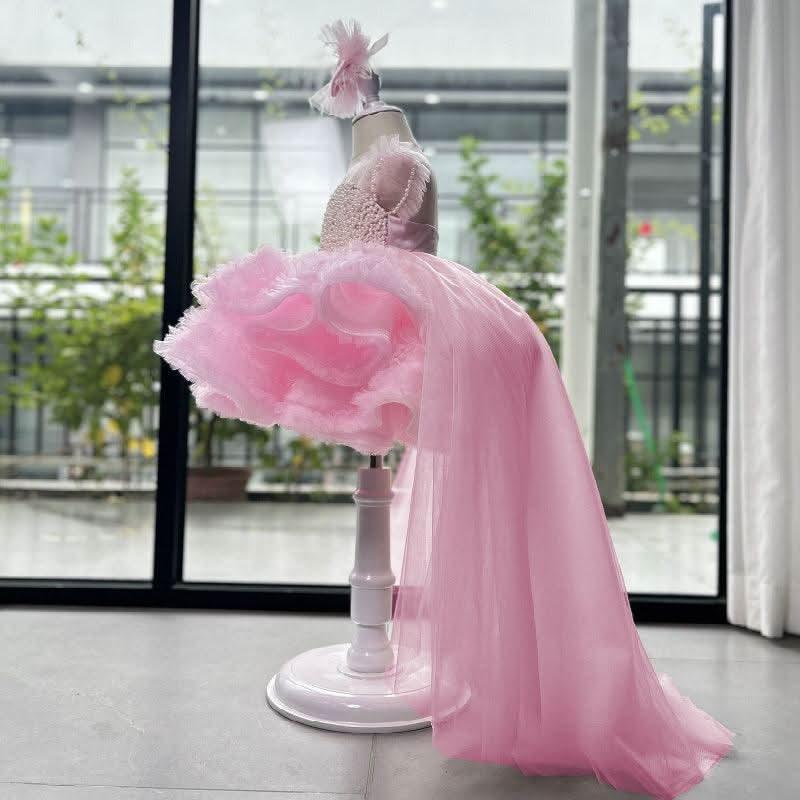 Pink Trailing Pearl Mesh Fluffy Princess Dress for Girls | KLFFIGID
