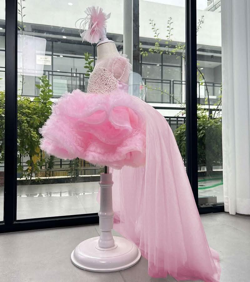 Pink Trailing Pearl Mesh Fluffy Princess Dress for Girls | KLFFIGID
