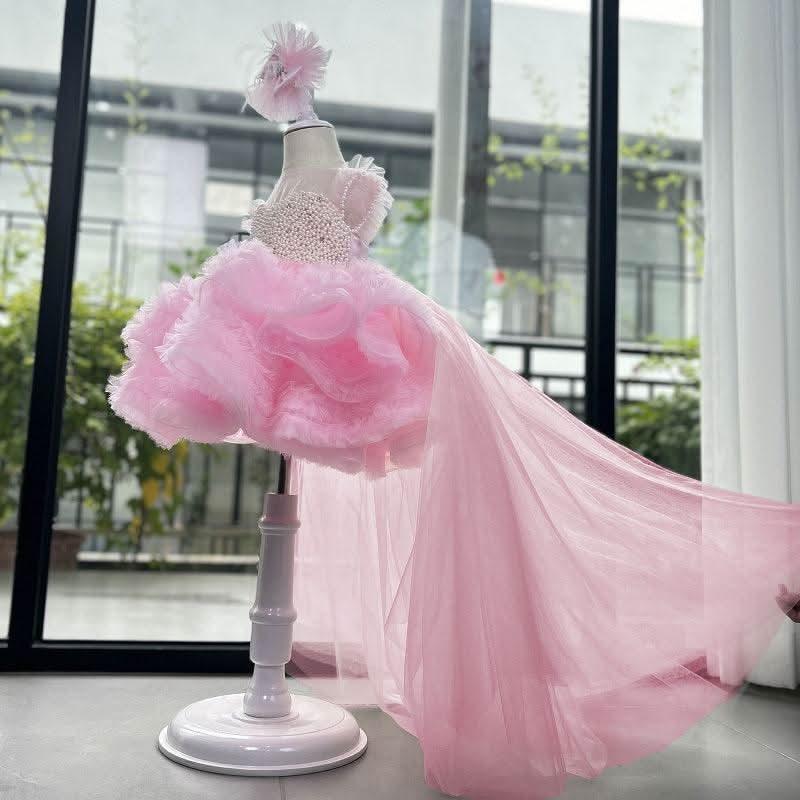 Pink Trailing Pearl Mesh Fluffy Princess Dress for Girls | KLFFIGID