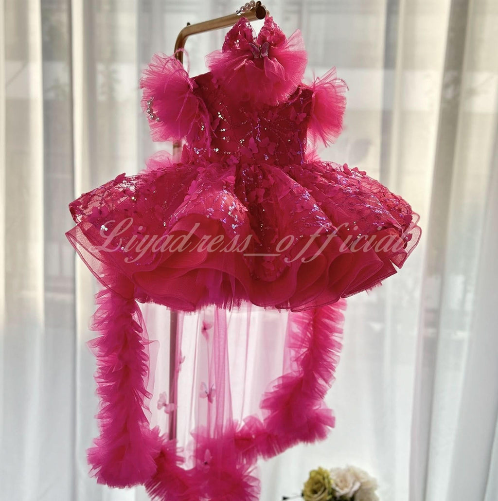 Flutter Sleeve Butterfly Tail Fluffy Girls Birthday Princess Dress | KLFFIGID