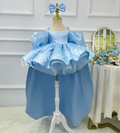 Blue Puff Sleeve Trailing Girls Birthday Princess Dress | KLFFIGID
