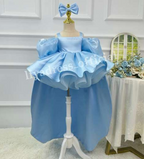 Blue Puff Sleeve Trailing Girls Birthday Princess Dress | KLFFIGID