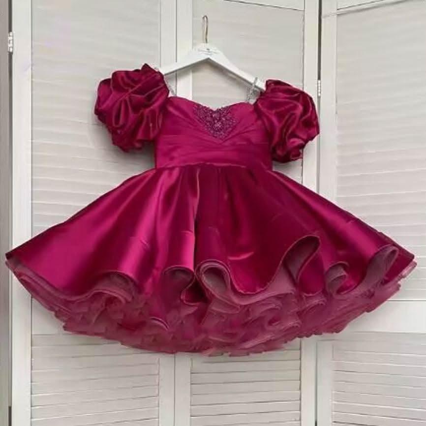 Pink Puff Sleeve Girls Princess Birthday Dress | KLFFIGID