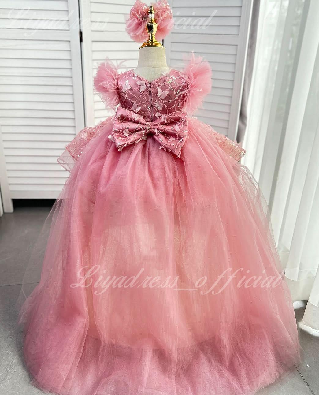 Girls Sleeveless Feather Butterfly Tail Birthday Evening Dress | KLFFIGID