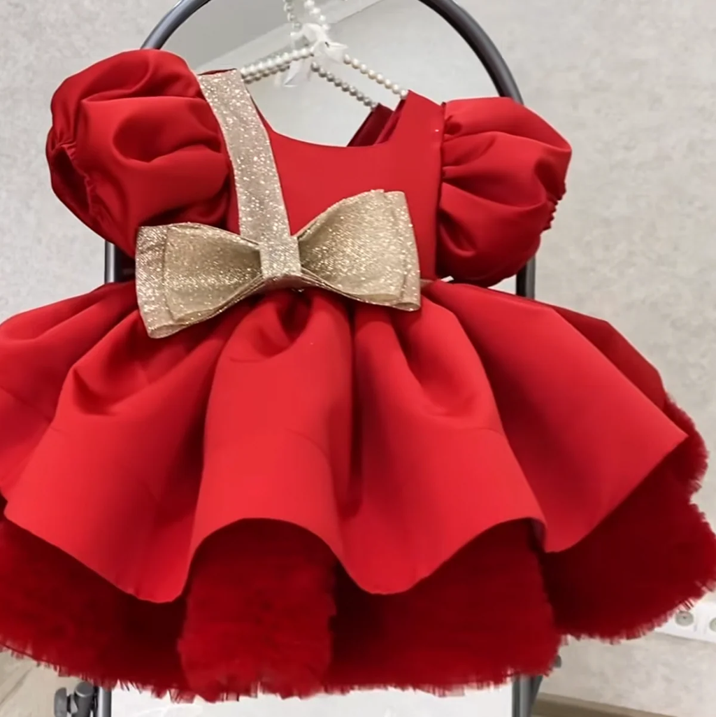 Girls Red Princess Dress with Statement Bow and Pearl Neckline｜KLFFLGID