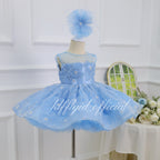 Baby blue floral princess gown for girls with dimensional flower details and a voluminous layered tulle skirt side view