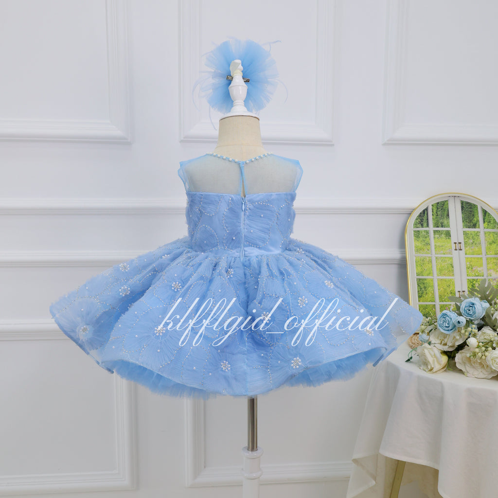 Baby blue girls princess dress with sheer upper back, zipper closure and sparkling floral tulle skirt back view