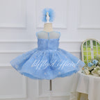 Baby blue girls princess dress with sheer upper back, zipper closure and sparkling floral tulle skirt back view