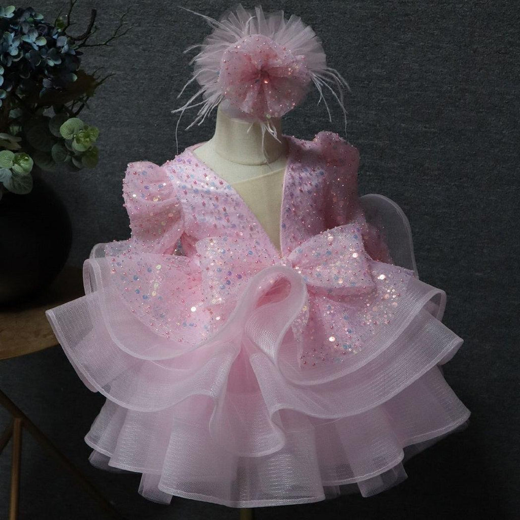 Baby Long Sleeve Sequin Tulle Dress with Large Bow | KLFFLGID