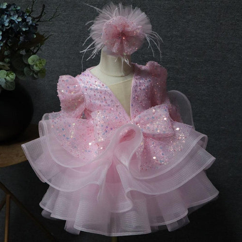 Baby Long Sleeve Sequin Tulle Dress with Large Bow | KLFFLGID